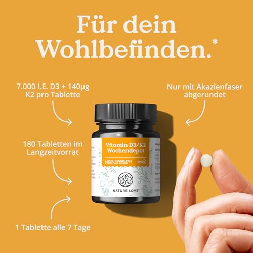 Nature Love Vitamin D3 K2 Wochendepot - 180 vegane Tabletten - 7000IE D3 + 140µg K2 pro Tablette mit 99,7% all-trans - Hochdosiert & vegan - Laborgeprüft, in Deutschland produziert