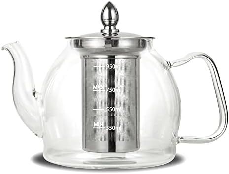 1000ml Glass Teapot with Infuser, Teapots, Tea Pots, Borosilicate Glass Teapot for Stovetop Safe, Tea Pot for Tea, Blooming Tea, with Stainless Steel Strainer for Loose Tea, Flowering Tea
