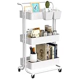 EZ COZY 3 Tier Rolling Cart Heavy Duty,Metal Rolling Utility Cart with Wheels and Handle, Rolling Storage Cart with 2 Hanging Buckets, Multifunctional Trolley for Kitchen, Living Room, Office (White)
