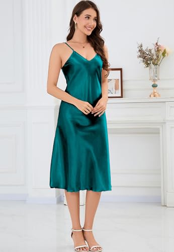 Image of ALCEA ROSEA Women's Midi Satin Slip Dress Adjustable Spaghetti Strap Nightgown Silky Under Dresses