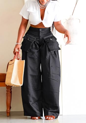 Vakkest Women's Casual Satin Cargo Pants Baggy Wide Leg Folds Pants Streetwear High Waist Palazzo Trousers with Flap Pockets3