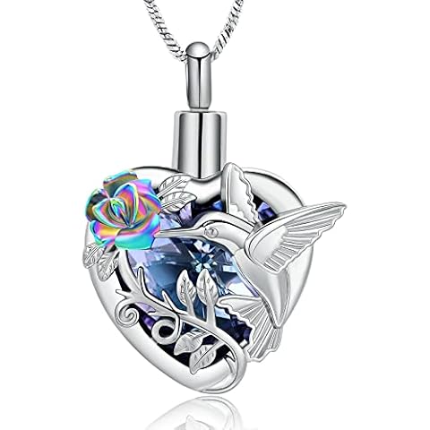 Yinplsmemory Hummingbird Cremation Jewelry Crystal Heart Urn Ashes Necklace for Women Men Memorial Keepsake Necklace of Loved One Cover