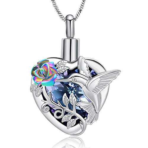 Yinplsmemory Hummingbird Cremation Jewelry Crystal Heart Urn Ashes Necklace for Women Men Memorial Keepsake Necklace of Loved One