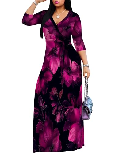Image of SUZONANA Plus Size Dresses for Women Floral Print Maxi Dress Flowy 3 /4 Sleeve with Belt
