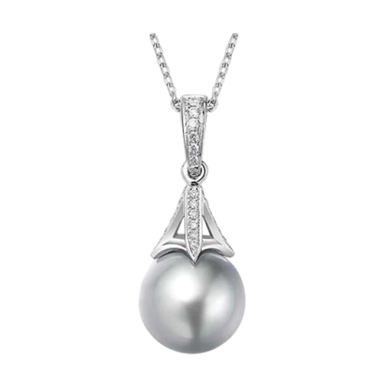 Chaîne en or blanc 18 carats avec pendentif en perle grise élégante de 8 à 9 mm avec diamant 0,06 carat, pour femme, Au750, véritable bijou personnalisé