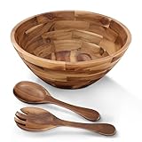 Tidita 12.2" Large Salad Bowl with Serving Utensils, Acacia Wooden Salad Serving Bowl Set with 2 Wood Hands, Wooden Bowls Decorative, Large Serving Bowls for Fruits, Salad and Pasta (Acacia color)