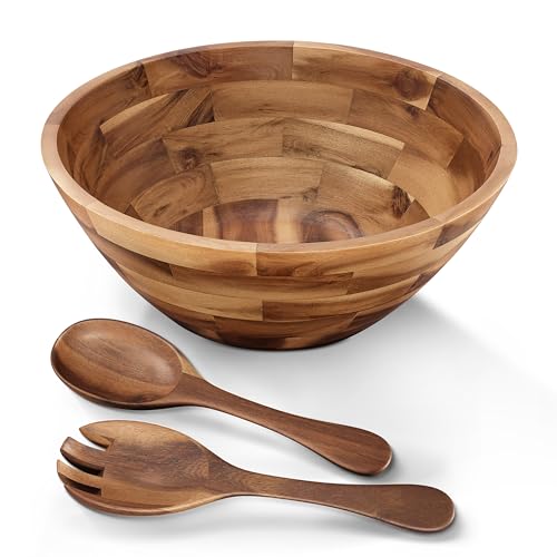 Tidita 12.2' Large Salad Bowl with Serving Utensils, Acacia Wooden Salad Serving Bowl Set with 2 Wood Hands, Wooden Bowls Decorative, Large Serving Bowls for Fruits, Salad and Pasta (Acacia color)