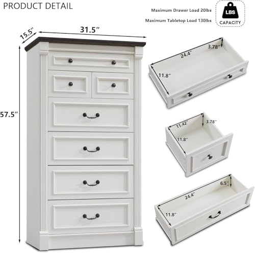 Image of Farmhouse 7 Drawers Dresser for Bedroom, 57 inch Tall Dressers & Chests of Drawers w /Roman Column, Large Storage Dressers Organizer for Bedroom, Hallway, Living Room, White