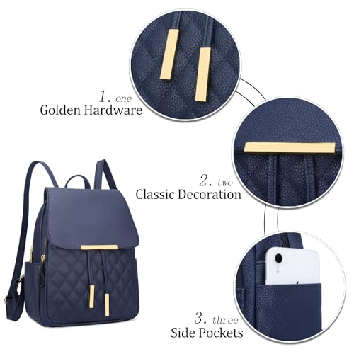 Image of KKXIU Quilted Trendy Leather Backpack Purse for Women and Ladies Shoulder Travel Daypacks Bags (Navy)