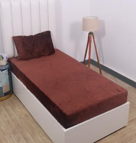 RD TREND Presents Luxurious Flannel/Warm King Size(48 * 72 * 8 Inch) Elastic Fitted Single Bedsheet Fully Elasticized with 1 Pillow Covers Colour Coffee