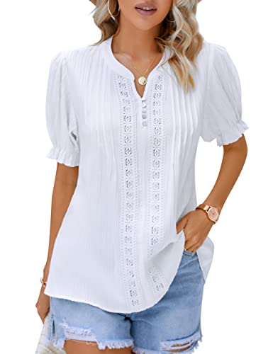 Bmjl Womens Dressy Tops Button V Neck Short Sleeve Shirts Lace Crochet Business Casual Blouses (Xx-Large, White) #TOP10