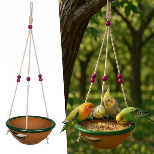Image of JAINSONS PET PRODUCTS Hanging Outdoor Bird Feeder | Earthenware Bird Feeding /Watering Bowl for Birds Pack of 2