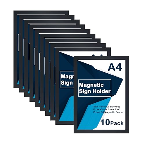 10Pcs A4 Magnetic Photo Frames,Magnetic Sign Holder,Wall Mount Self Adhesive Display Picture Frame,Plastic Clear Poster Paper Display Frame for Paintings,Notices, Certificate,Ads,Document