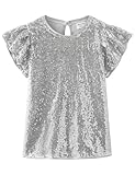 Noomelfish Girls Short Sleeve Sequin Shirts Party Glitter Sparkly Tops Blouse, Silver White, Size 5-6 Years