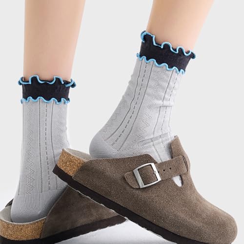 Image of Women Girls Summer Ruffle Turn-Cuff Casual Crew Socks Ultrathin Cute Breathable Knit Cotton Colorful Sock