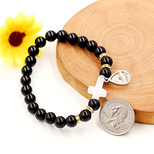 Image of Uloveido Black Agate Side Cross Bracelet Mustard Seed Charms, Personalized Letter A-Z Tiger's Eye Bangle Y944