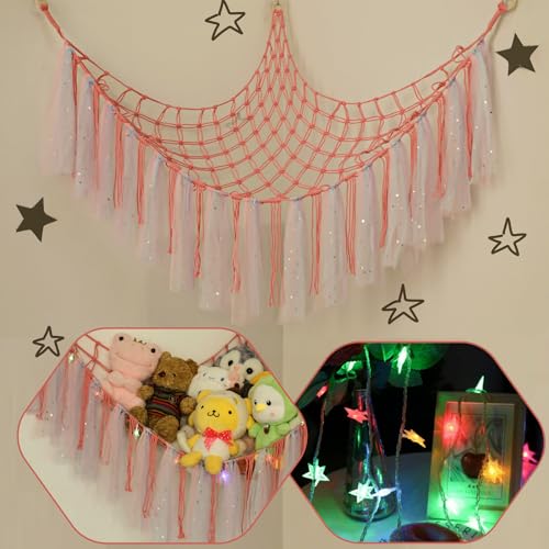 Image of Stuffed Animal Hammock with LED Lights - 59 Inch Large Toy Storage Net for Kids Bedroom, Wall-Mounted Plush Organizer with Wooden Rings, Nursery Decor (Handwoven, Dark Pink)