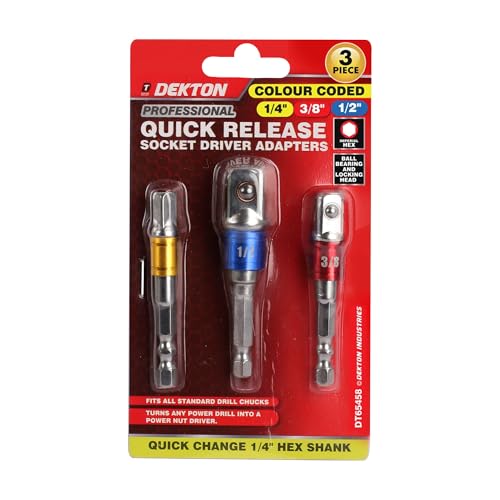Dekton 3pc 1/4, 3/8 & 1/2 Socket Adaptor Set - Fits All Standard Drill Chucks|Hexagonal Shank| Fits Screwdriver Bit Holder| Turns Any Power Drill Into A Power Nut Driver| Durable