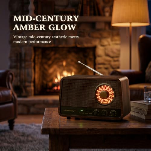 Image of Classic wooden Bluetooth FM radio with 10 watts of powerful sound, retro radio with Bluetooth speaker with amber glowing dial, bass control, Aux input, connector for