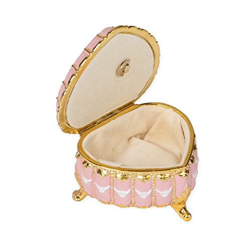 Matte Pink Heart Shaped Jeweled Gold Tone Metal Music Box Plays 18th Variation - Thumbnail 4
