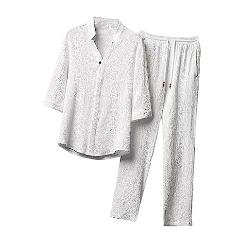 Image of CBMen's Summer Suits Casual Clothes Loose Pant 3 /4 Sleeve Suit Beach L White|Clothing Shoes & Accessories | Mens Clothing | Suits|1 Men's 2 Pieces Shirt Set