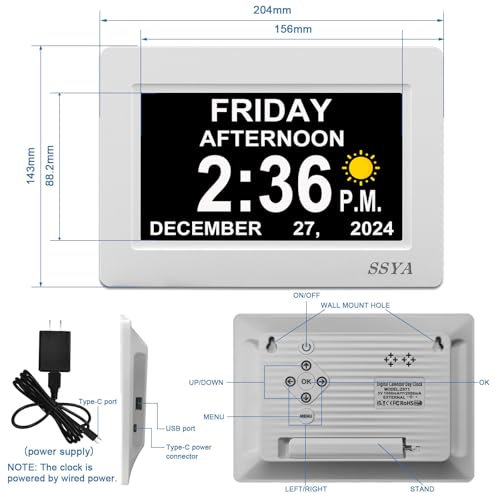 Image of SSYA Digital Calendar Alarm Day Clock - 12 Alarm Options, Level 5 Auto Dimmable, Dementia Clocks for Vision Impaired, Elderly, Memory Loss Clock with Non-Abbreviated Clock with Date and Day (7 inch)