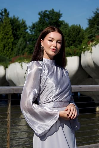 Satin Midi Dress for Women Long Sleeve High Neck Empire Waist Formal Gown Hijab Friendly Elegant Wear Flared Cuffs2