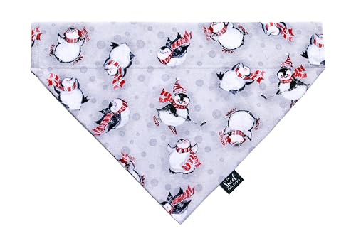 The Sweet Home Studio Christmas Over the Collar Dog Bandana, Handmade Winter Slip-On Pet Bandana, Festive X-mas Dog & Cat Accessory (Penguins on Gray, Large)
