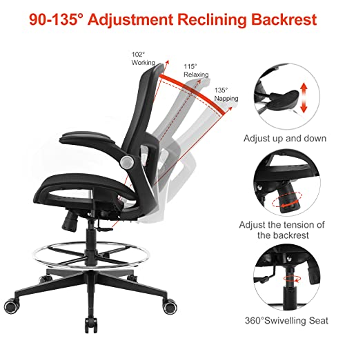 Luckyear Drafting Chair,Ergonomic Drawing Chair,Mesh High Desk Chair,Counter Height Desk Chair,Big And Tall Office Chair With Adjustable Foot Ring,Standing Desk Chair With Lumbar Support (Black) #TOP3
