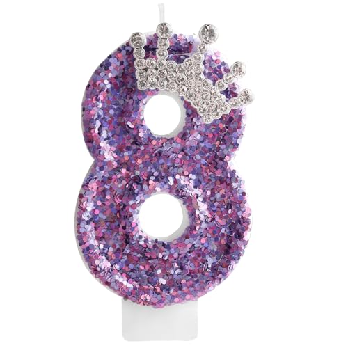 8th Birthday Candles for Girls, Purple Crown Number 8 Candle for Cake Topper Decorations for Girls Birthday Party Wedding Anniversary Celebration Supplies