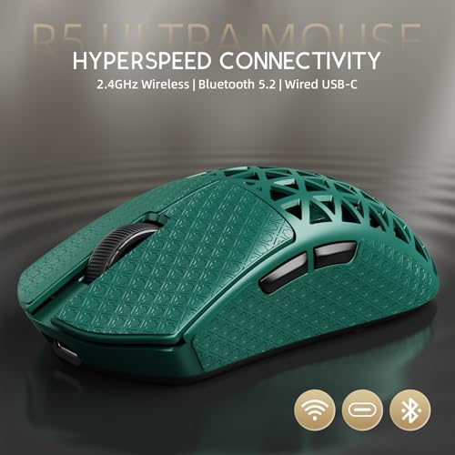 Image of ATTACK SHARK R5 Ultra Wireless Gaming Mouse,Carbon Fiber Shell 39g Superlight,PAW3950MAX Nordic 52840 MCU 8K Polling 42K DPI Optical Sensor,BT /2.4G /USB-C Wired Mice with Coiled Cable-Green&Griptape