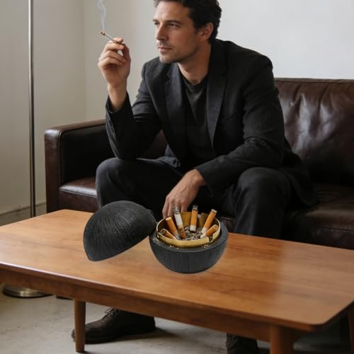 Cement Desktop Mülleimer mit Deckel, Zeitgenössischer Stil Aschenbecher, Beton + Edelstahl Inneneimer, Leicht Zu Reinigen, Winddicht Ø10cm, Outdoor-Mülleimer Für Garten & Balkon (Schwarz)