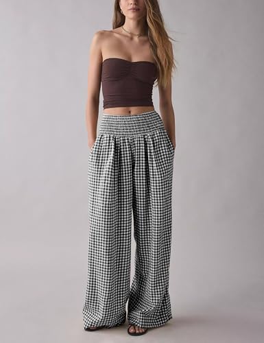 Qiaomai Women Casual Plaid Pants Elastic High Waist Wide Leg Lounge Pants Loose Trousers3