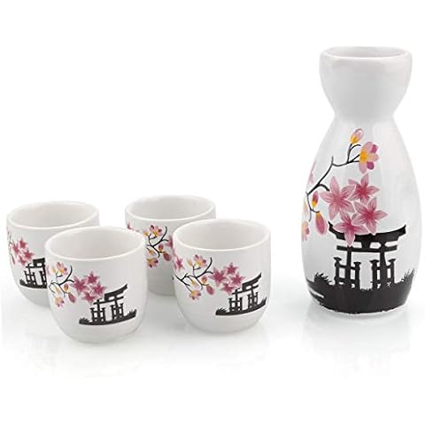 ABuff Japanese Sake Set, 1 Tokkuri Bottle & 4 Ochoko Cups, Spring Blossoms Ceramic Sake Set Microwave and Dishwasher Safe Cover