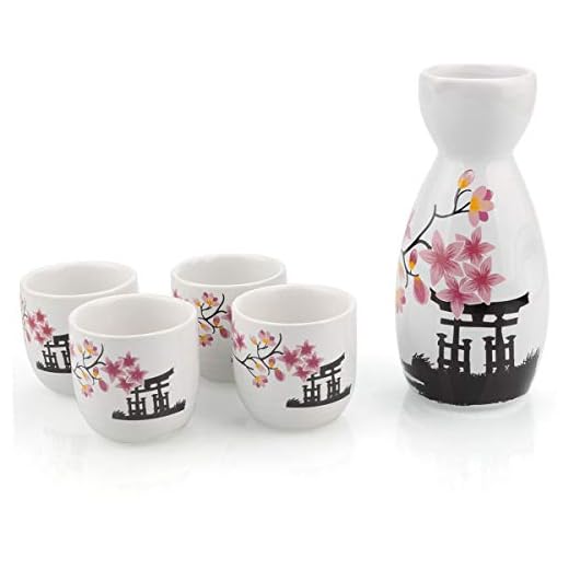 Abuff Japanese Sake Set, 1 Tokkuri Bottle & 4 Ochoko Cups, Spring Blossoms Ceramic Sake Set- Microwave and Dishwasher Safe