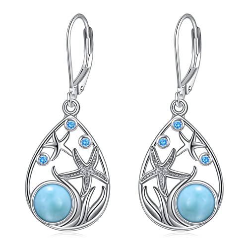 Beach Larimar Earrings for Women Sterling Silver Starfish/Dolphin/Turtle/Jellyfish/Mermaid Teardrop Earrings