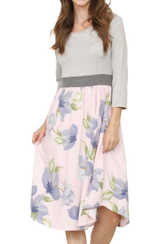 Image of Eloges Women's 3 /4 Sleeve Contrast Waist Band Floral Curved Hem Midi Dress