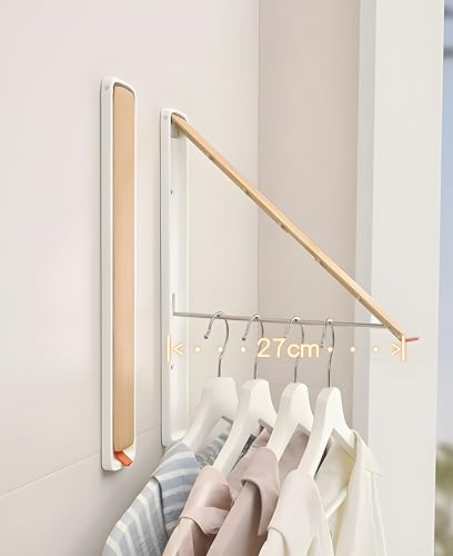 Klappbare Kleiderstange Wandmontage Aluminium – Ausziehbare Garderobe Kleiderhaken, Platzsparend, Modernes Design in Walnuss-Optik oder Buche-Optik (Weiß)
