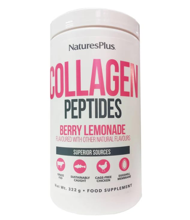 Natures Plus Collagen Peptides Berry Lemonade. 322g | Suplemento de Colágeno Marino Hidrolizado con Vitamina C y Enzimas | 6 Tipos de Colágeno para Piel, Articulaciones y Huesos | Sabor Fresa y Limón