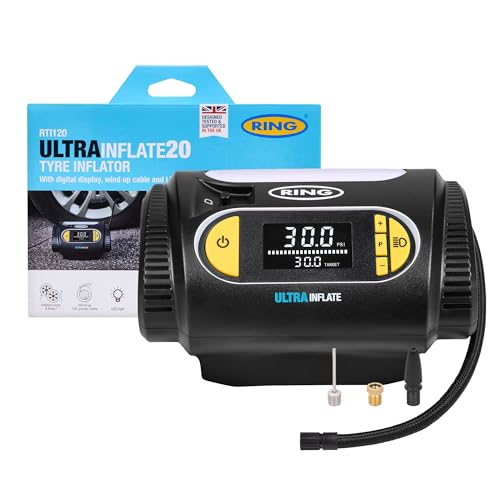 RING ULTRAINFLATE 20 - Inflador Digital de neumáticos con Parada automática y medidor de Progreso, solución de presión de neumáticos compacta, fiable y fácil de Usar
