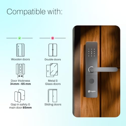 Image of Mygate Smart Door Lock Plus (2026 Model) with 6-Way Unlock | Fingerprint, PIN, Mobile App, RFID Card, Manual Keys | Remote Unlocking via OTP | for Main Wooden Doors |3-Year Warranty by Mygate