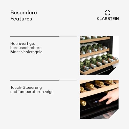 Klarstein Vinsider 30 Built-In Uno Einbau-Weinkühlschrank - 30 Flaschen, 1 Zone, 5-20 °C, LED-Beleuchtung, UV-Schutz, Holzregale, Leise, Energieeffizient, Schwarz, Glastür