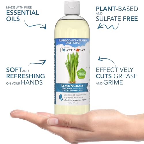Image of Natural Flower Power Liquid Dish Soap - Lemongrass - Plant-Based & Scented w / Pure Essential Oils - Natural Liquid Dishwashing Detergent - Sulfate-Free Gentle Kitchen Soap - Vegan (16 Fl Oz 3 Pack)