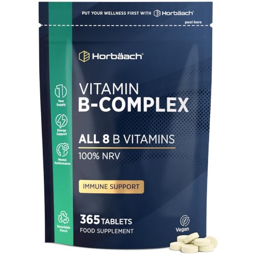 Vitamin B Complex High Strength | 365 Tablets (1 Year Supply) | All 8 B Vitamins | Vitamin B1 B2 B3 B5 B6 B12 Choline Folic Acid & Biotin | Vegan | By Horbaach