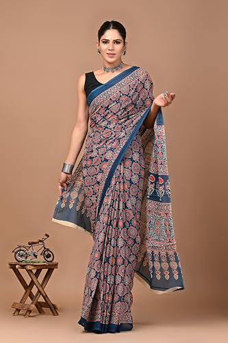 Image of Crafts Moda Hand Block Ajrakh Print Cotton Saree for women with Blouse | Soft comfortable wear sari