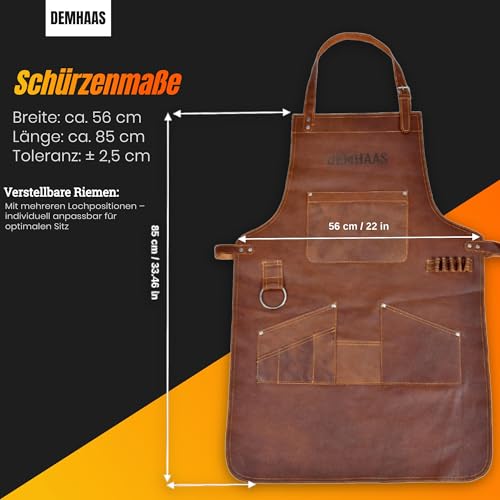 DEMHAAS® Premium Grillschürze aus Echtleder – Handgefertigte Lederschürze für Männer | BBQ-, Grill- & Kochschürze mit Taschen | Verstellbare Riemen | Vintage Braun (Braun)
