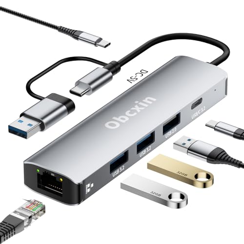 Hub USB-C 6 en 2 Obcxin, Adaptateur multiport avec Gigabit Ethernet, USB 3.2 et 2.0, USB-C 3.2, Station d'accueil Type-C pour Ordinateur Portable MacBook Pro/Air, Surface Pro, iPad Pro, Dell, Samsung