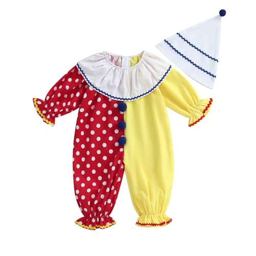 Aiwpstoin Toddler Baby Clown Costume Boy Girl Funny Halloween Outfit Contrast Color Long Sleeve Jumpsuit with Hat (Red, 2-3T)