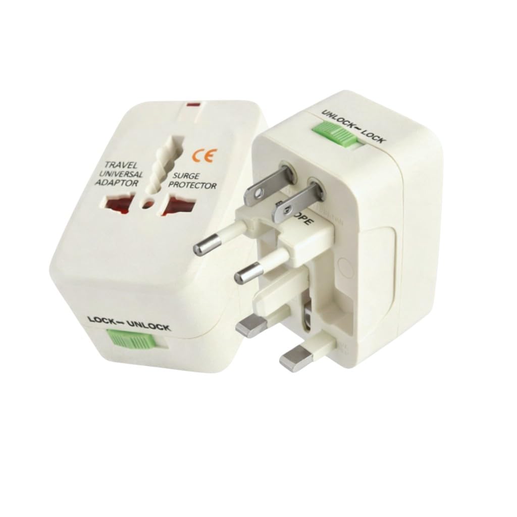 hawk universal travel adapter with surge protector, off white, type a/c/g/i multi-plug, 100-240v ac, 10a max, model impulse