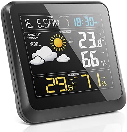 JJKPSD Weather Station with Wireless Outdoor Indoor Sensor, Digital Alarm Clock, with Alert/Barometer/Temperature Thermometer/Humidity/Moon Phase/Weather Forecast, LCD Coulor Display for Home Garden